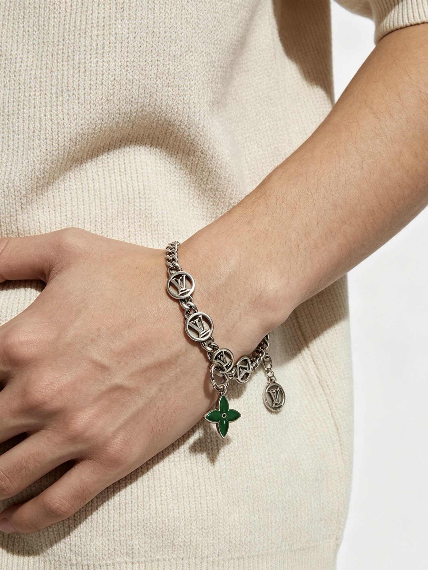 Louis Vuitton Silver Bracelet with Green Enamel Flower